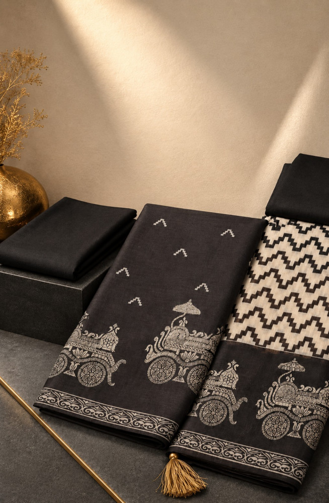 Image of Black Chanderi Silk Unstitched Suit-Set with Dupatta -767-DA1748