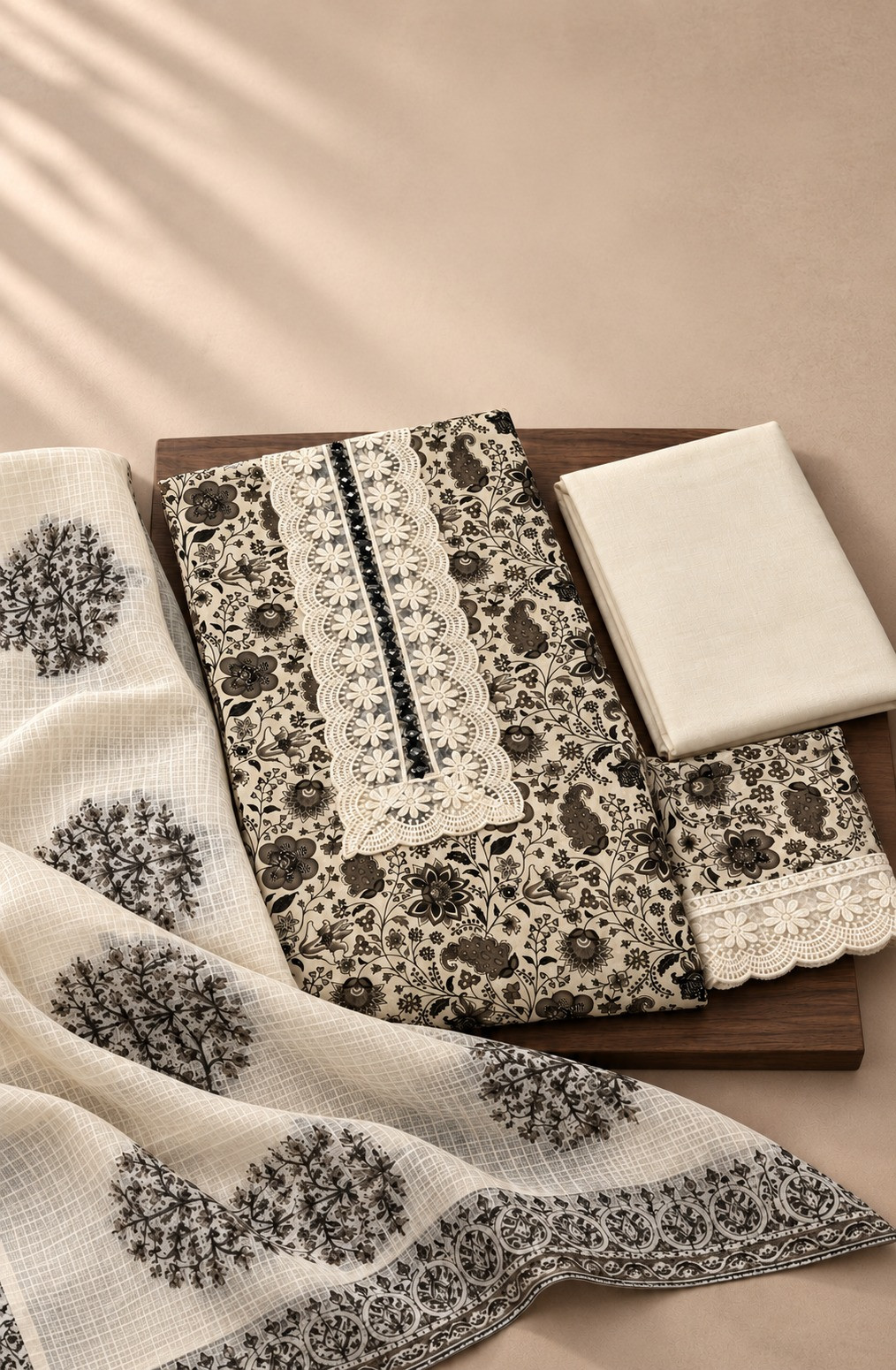 Brown Cotton Unstitched Suit Set with Beautiful Dupatta - 983-5884-3B