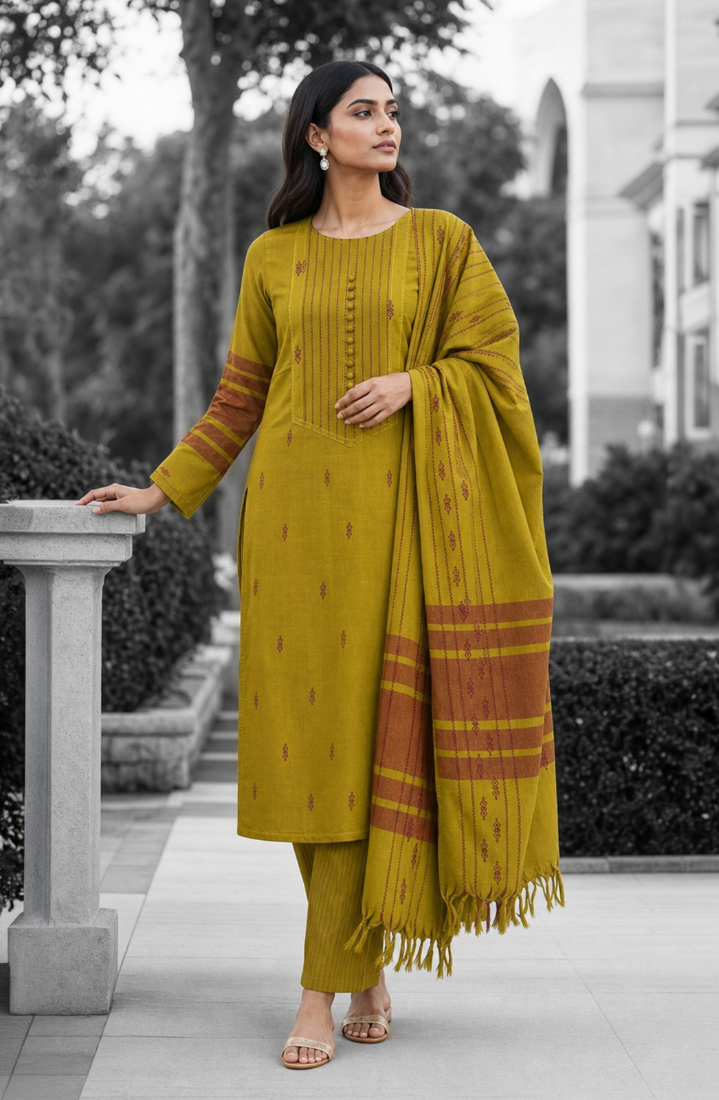 Green Cotton Silk Unstitched Suit Set with Beautiful Dupatta - 983-6429B