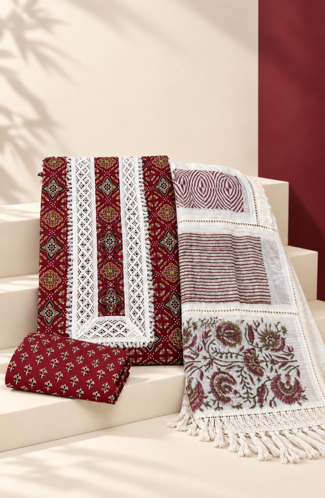 Image of Maroon Cotton Unstitched Suit Set with Beautiful Dupatta - 983-6384