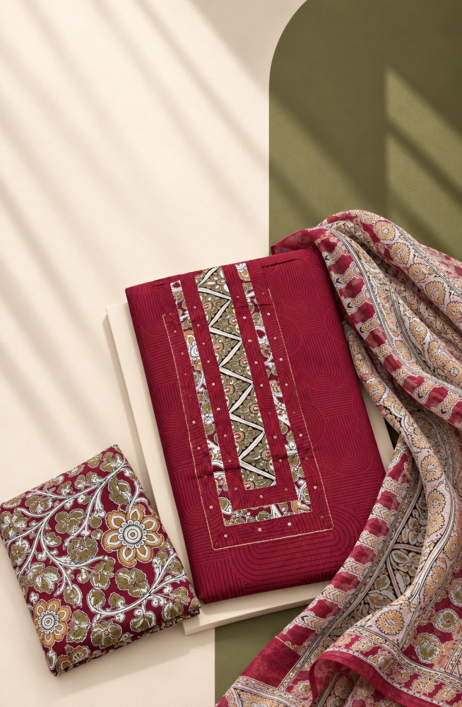 Image of Maroon Cotton Unstitched Suit Set with Beautiful Dupatta - 983-4807-41