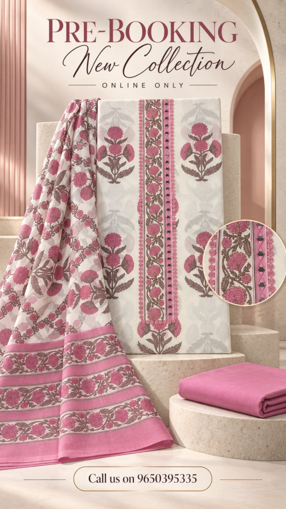 Image of Pink Unstitched Cotton Suit Set with Beautiful Dupatta - 131-KE1551A