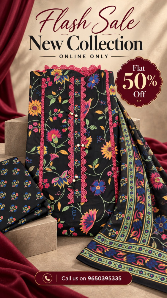 Image of Black Cotton Unstitched Suit Set with Beautiful Dupatta - 944-NX1406