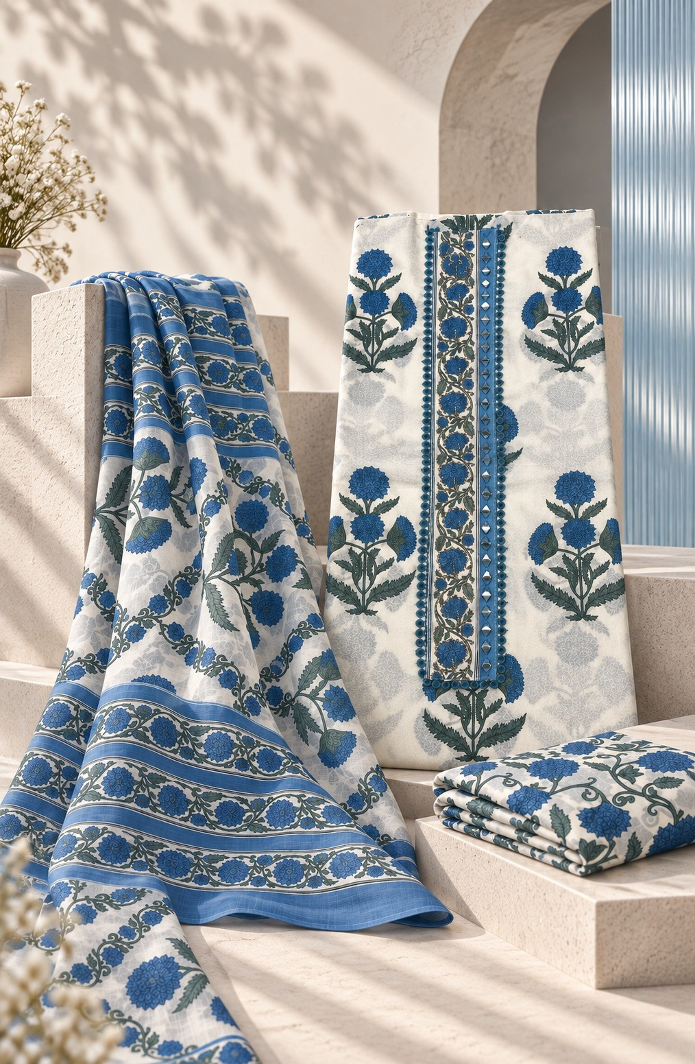 Blue Unstitched Cotton Suit Set with Beautiful Dupatta - 131-KE1551