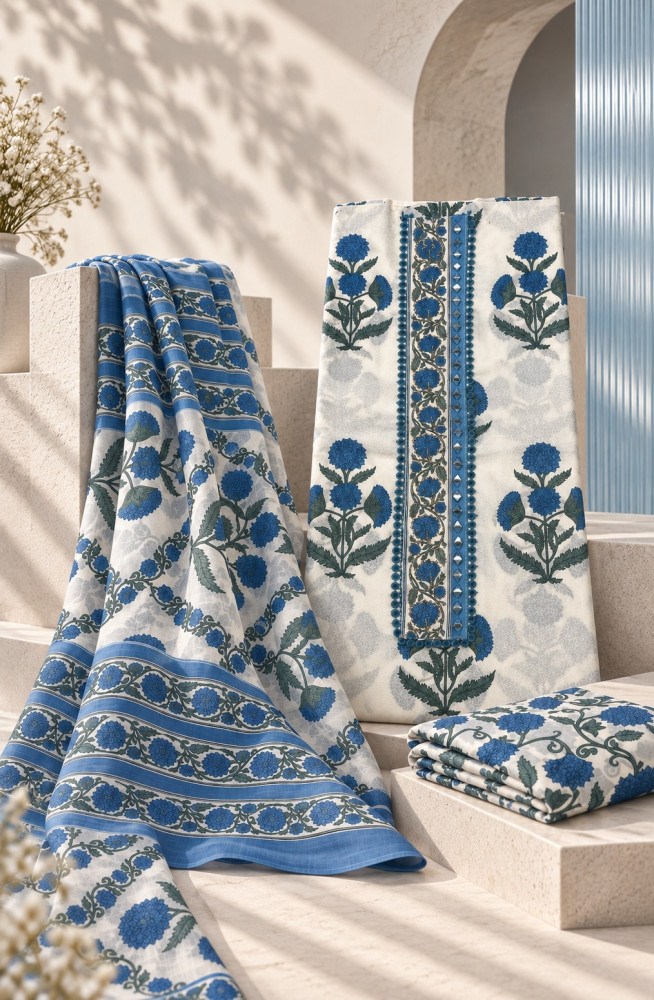 Image of Blue Unstitched Cotton Suit Set with Beautiful Dupatta - 131-KE1551