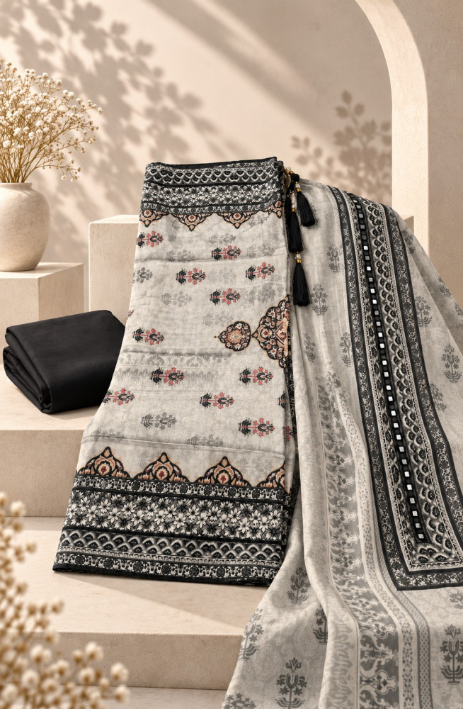 Image of Black Unstitched Muslin Suit Set with Beautiful Dupatta - 131-CA19174