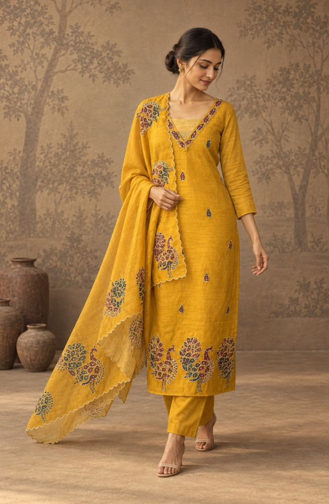 Image of Yellow Cotton Suit set with dupatta - 984-FMPRC1726