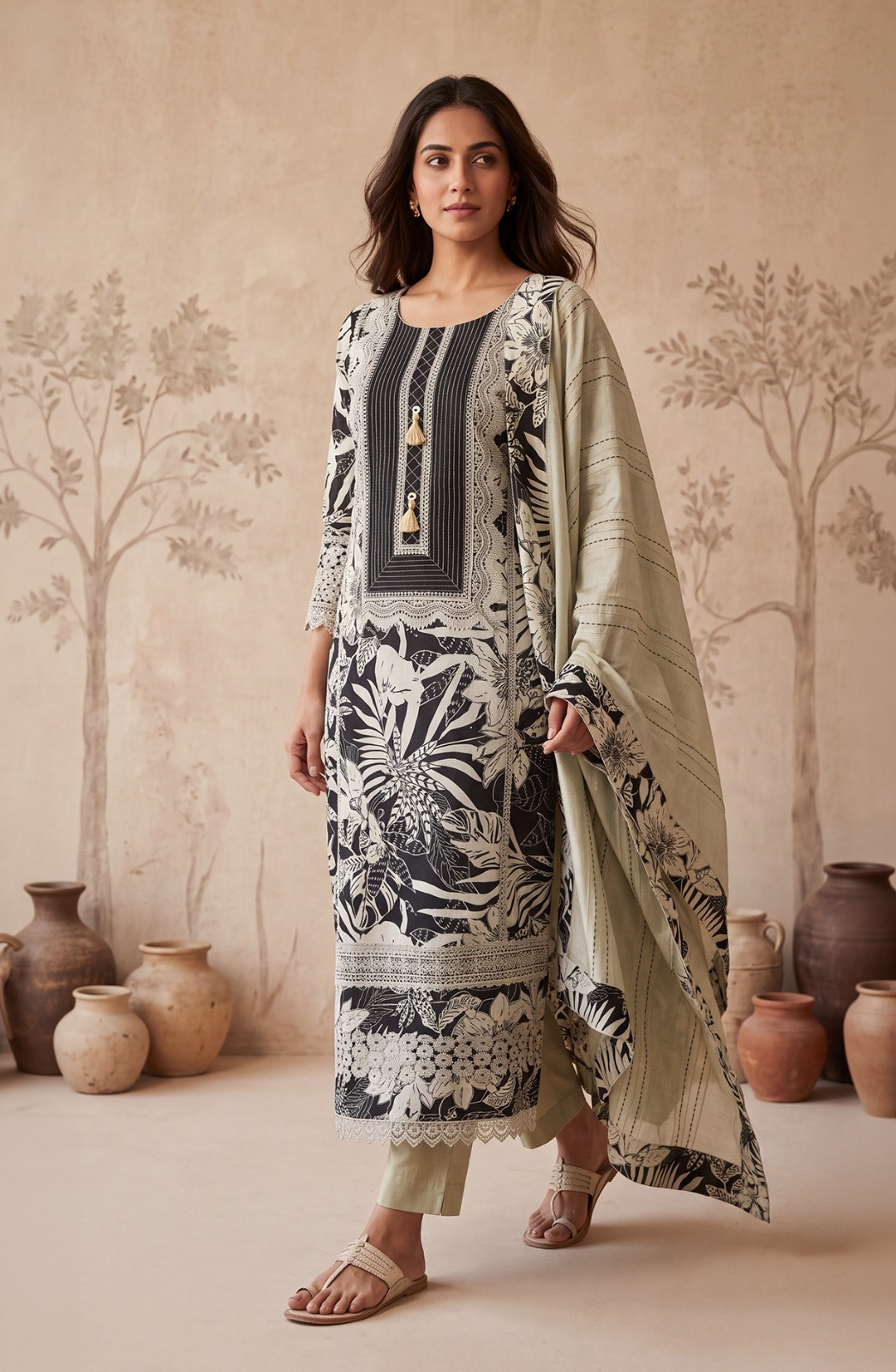 Black Cotton Unstitched Suit Set with Beautiful Dupatta - 944-3020