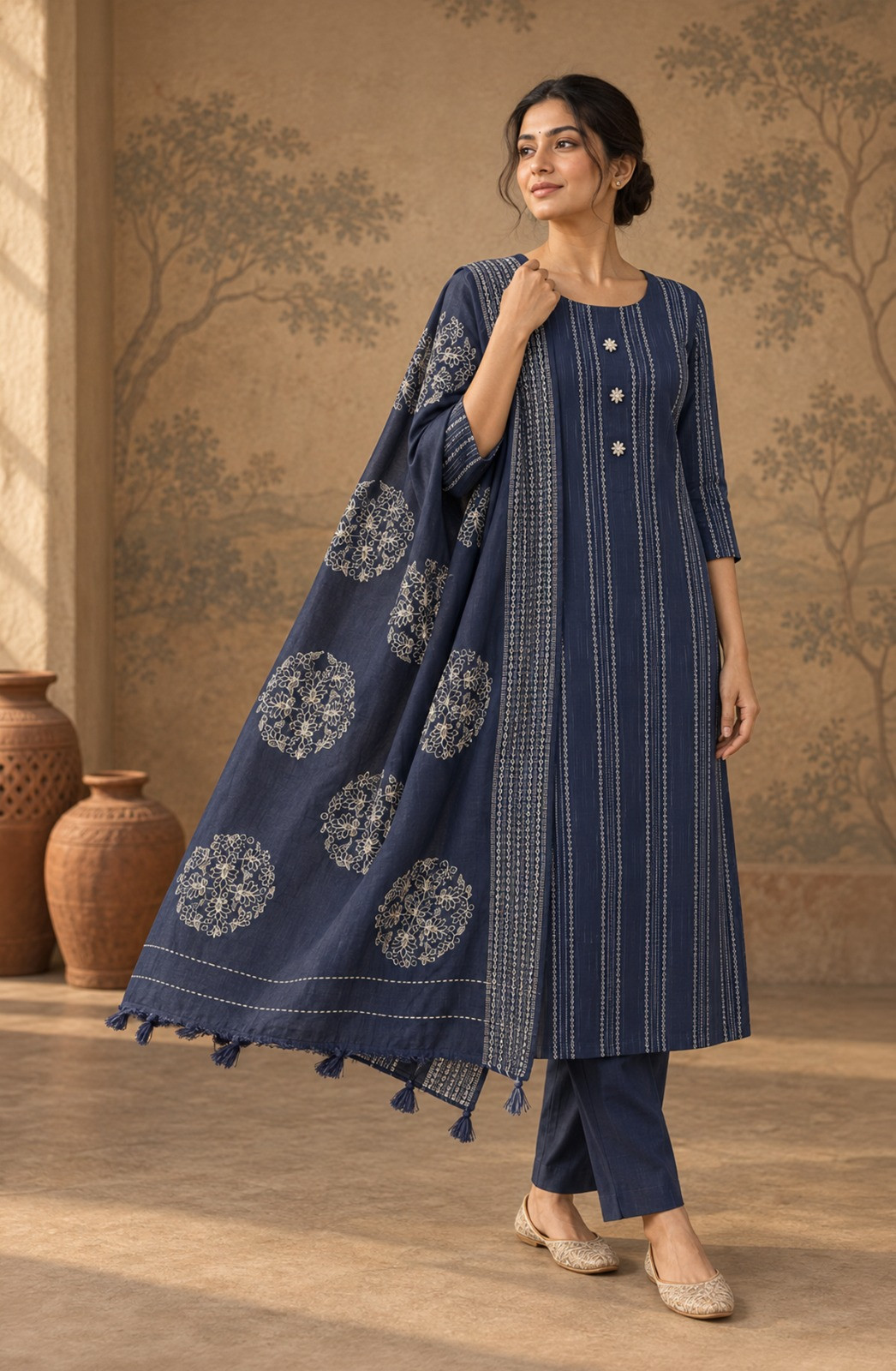 Blue Cotton Unstitched Suit Set with Beautiful Dupatta -944-3492
