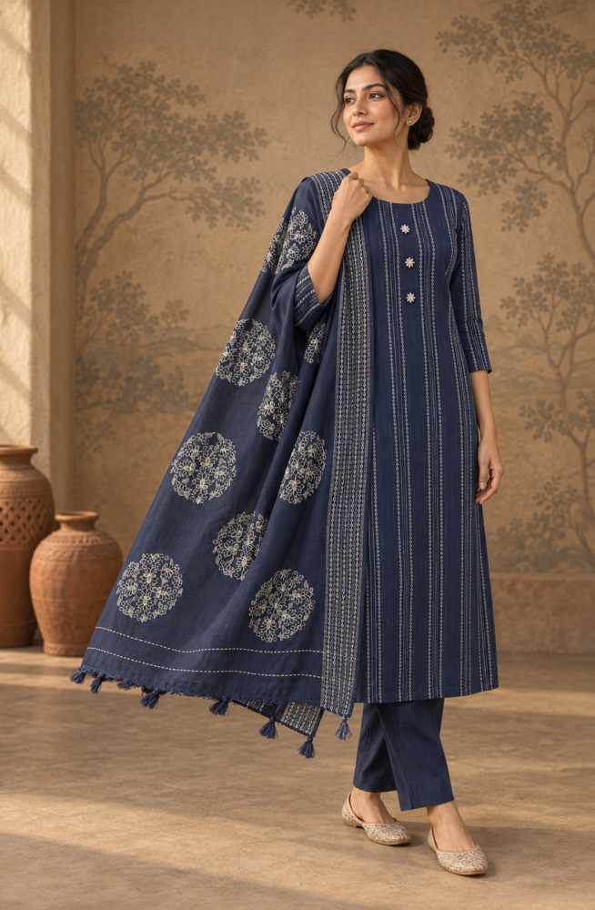 Image of Blue Cotton Unstitched Suit Set with Beautiful Dupatta -944-3492