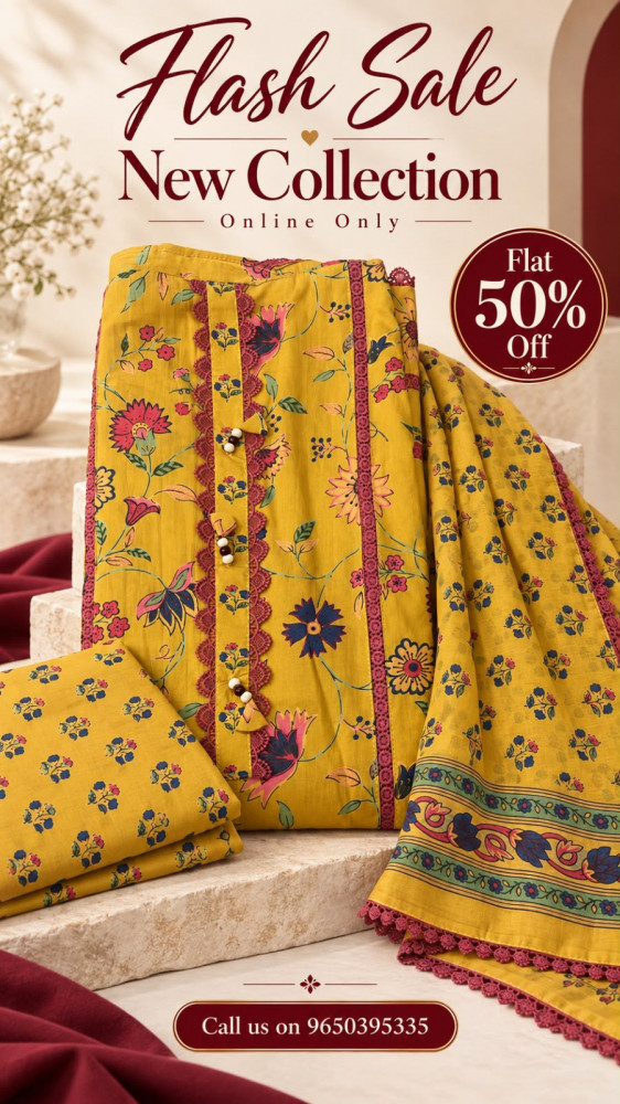 Image of Yellow Cotton Unstitched Suit Set with Beautiful Dupatta - 944-NX1406A