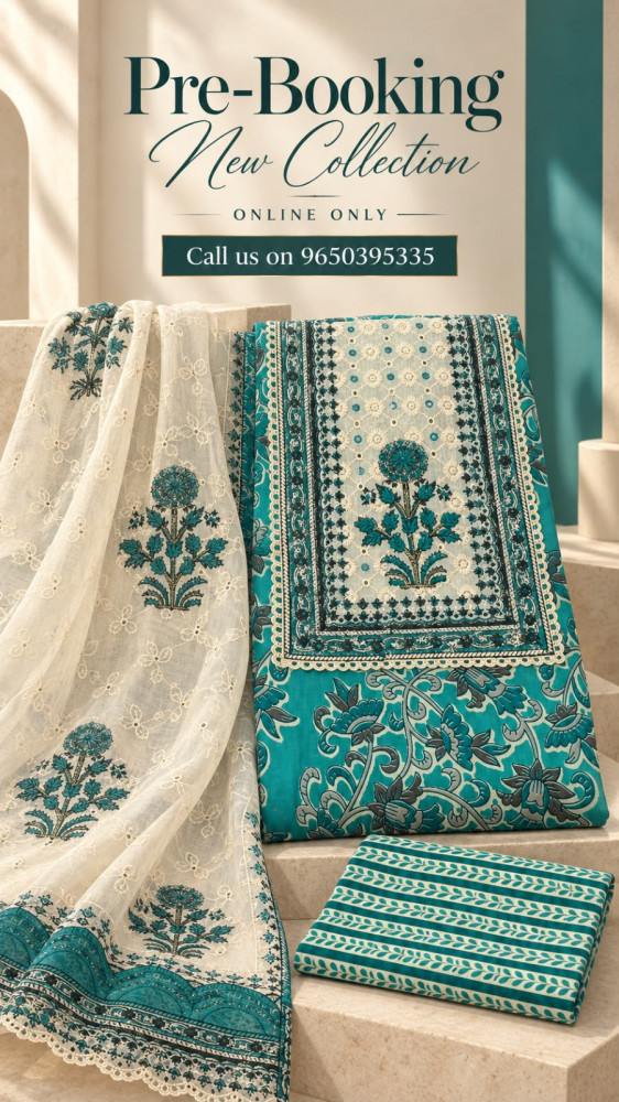 Image of Blue Cotton Unstitched Suit Set with Beautiful Dupatta - 131-KJ5019-4A
