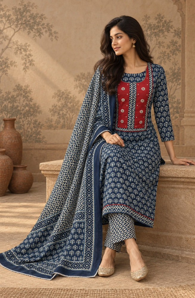 Image of Blue Cotton Unstitched Suit Set with Beautiful Dupatta - 983-6926