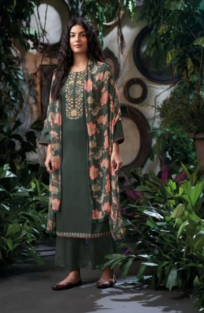 Image of Bottle Green Pure Cotton Satin Unstitched Suit Set with Beautiful Dupatta - BRUS4054D