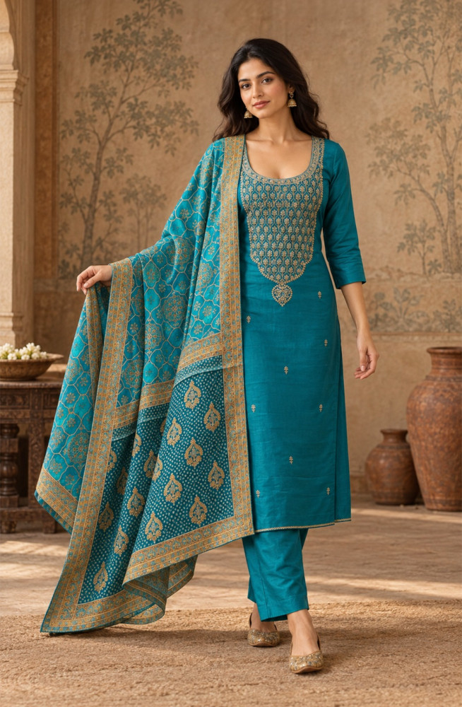 Image of Turquoise Premium Silk Unstitched Suit Set with Beautiful Dupatta - 131-NAR2605