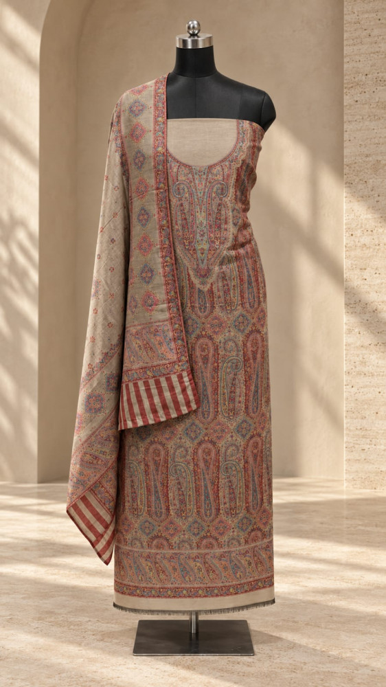 Image of Brown Pashmina Unstitch Suit - Set with Pashmina Shawl - 1000-0530B