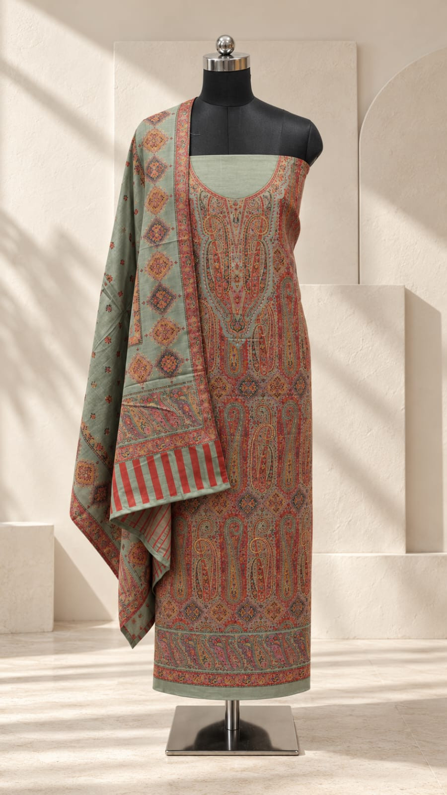 Green Pashmina Unstitch Suit - Set with Pashmina Shawl - 1000-0530A