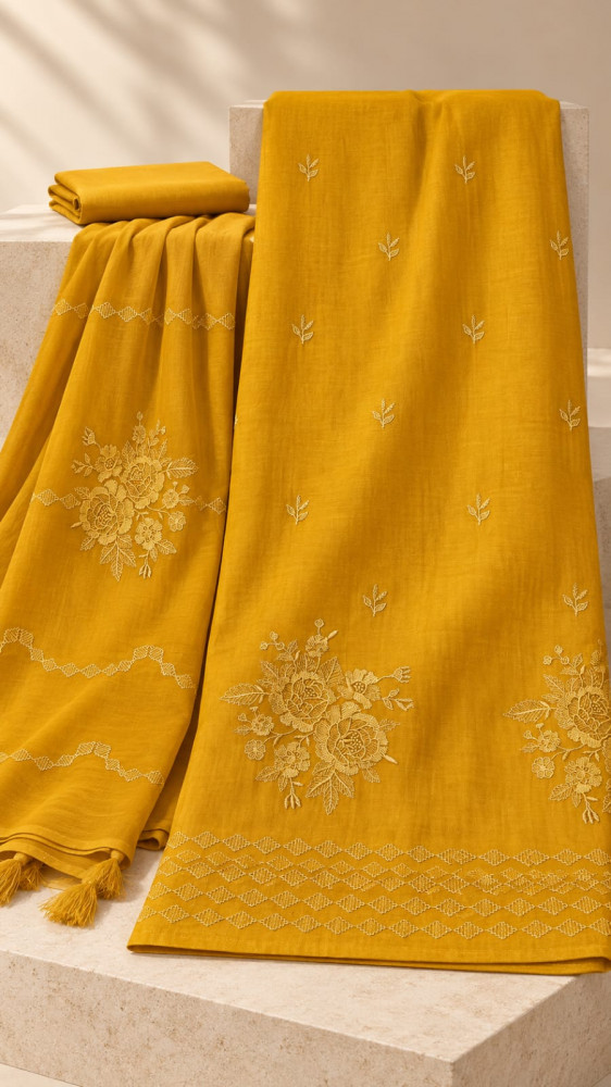 Image of Yellow Mul Cotton Unstitched Suit-Set with Beautiful Dupatta -  996-102535A