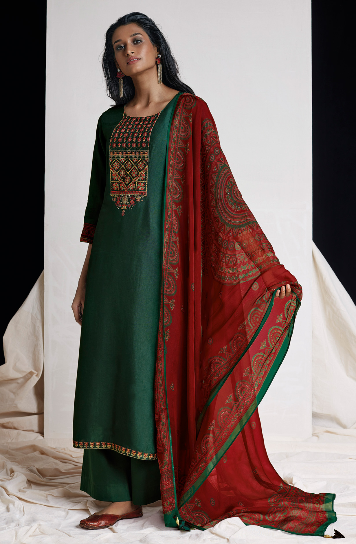 Bottle Green Silk Beautiful Salwar Kameez with Organza Dupatta - WILS1322A