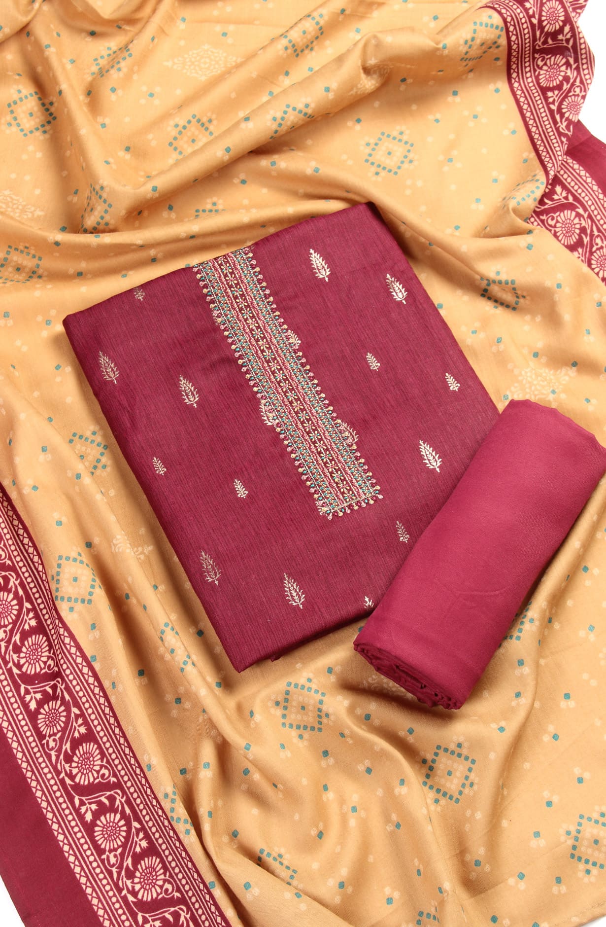 Wine Pashmina Winterwear Unstitched Salwar Kameez - SMA2004