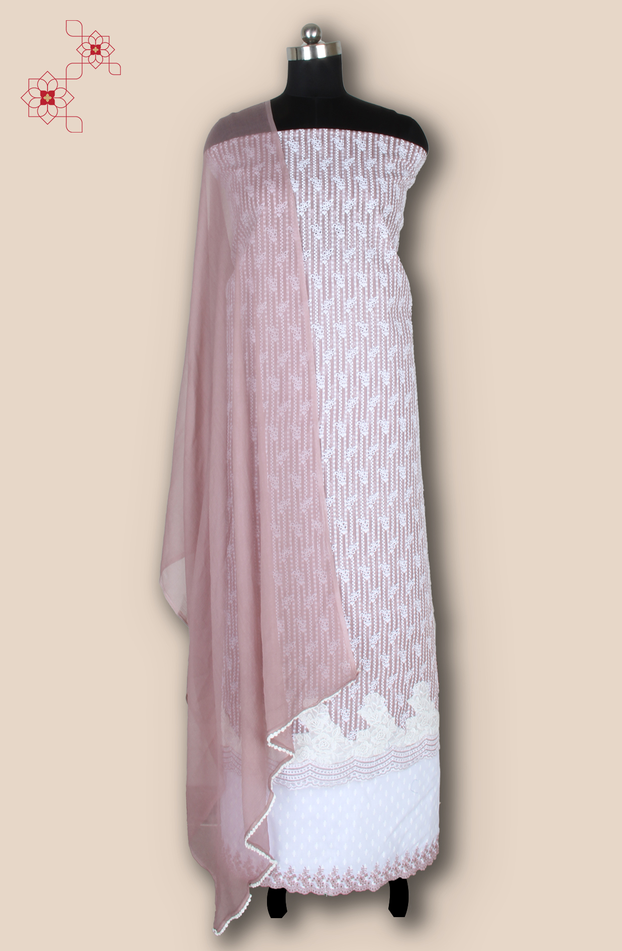 Mauve Exclusive Kota Chikankari Embroidered Suit with Chiffon Dupatta - WOONS069A