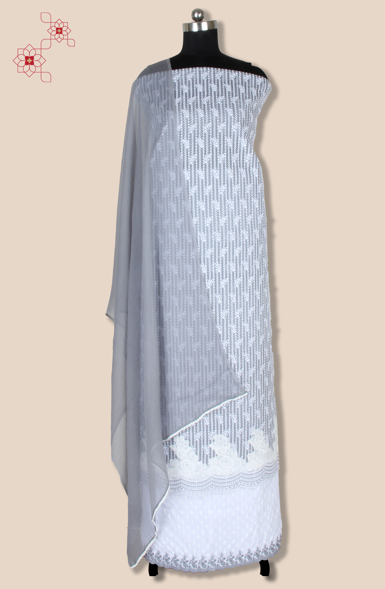 Grey Exclusive Kota Chikankari Embroidered Suit with Chiffon Dupatta - WOONS069B