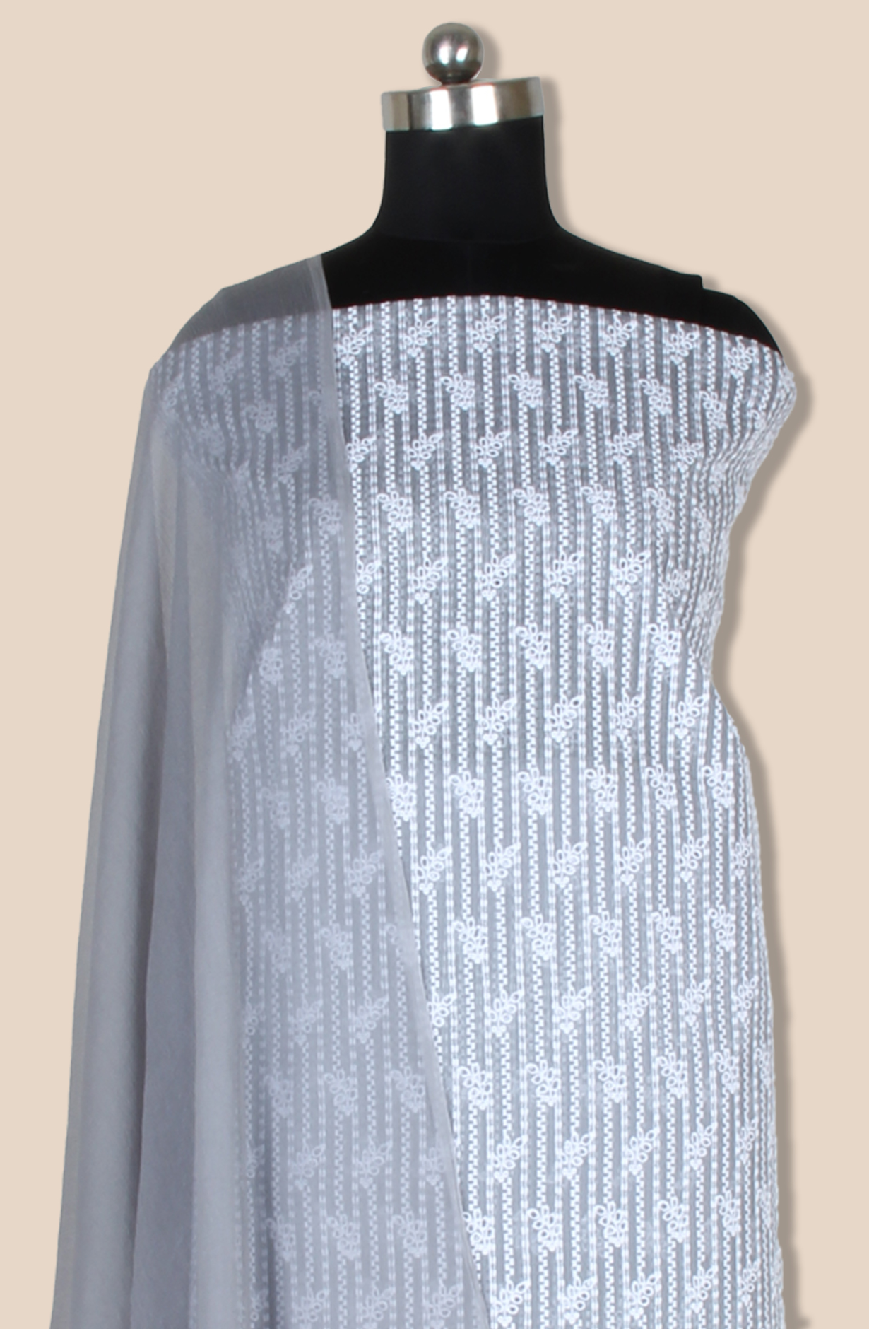 Grey Exclusive Kota Chikankari Embroidered Suit with Chiffon Dupatta - WOONS069B