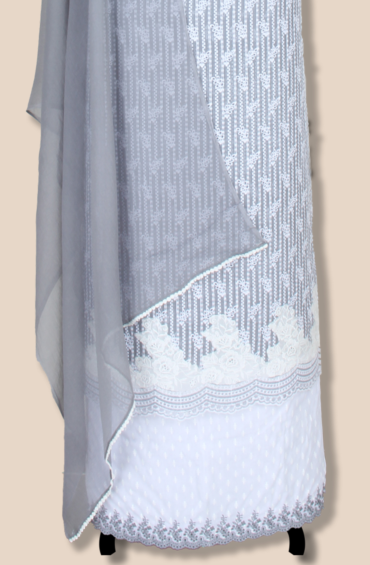 Grey Exclusive Kota Chikankari Embroidered Suit with Chiffon Dupatta - WOONS069B