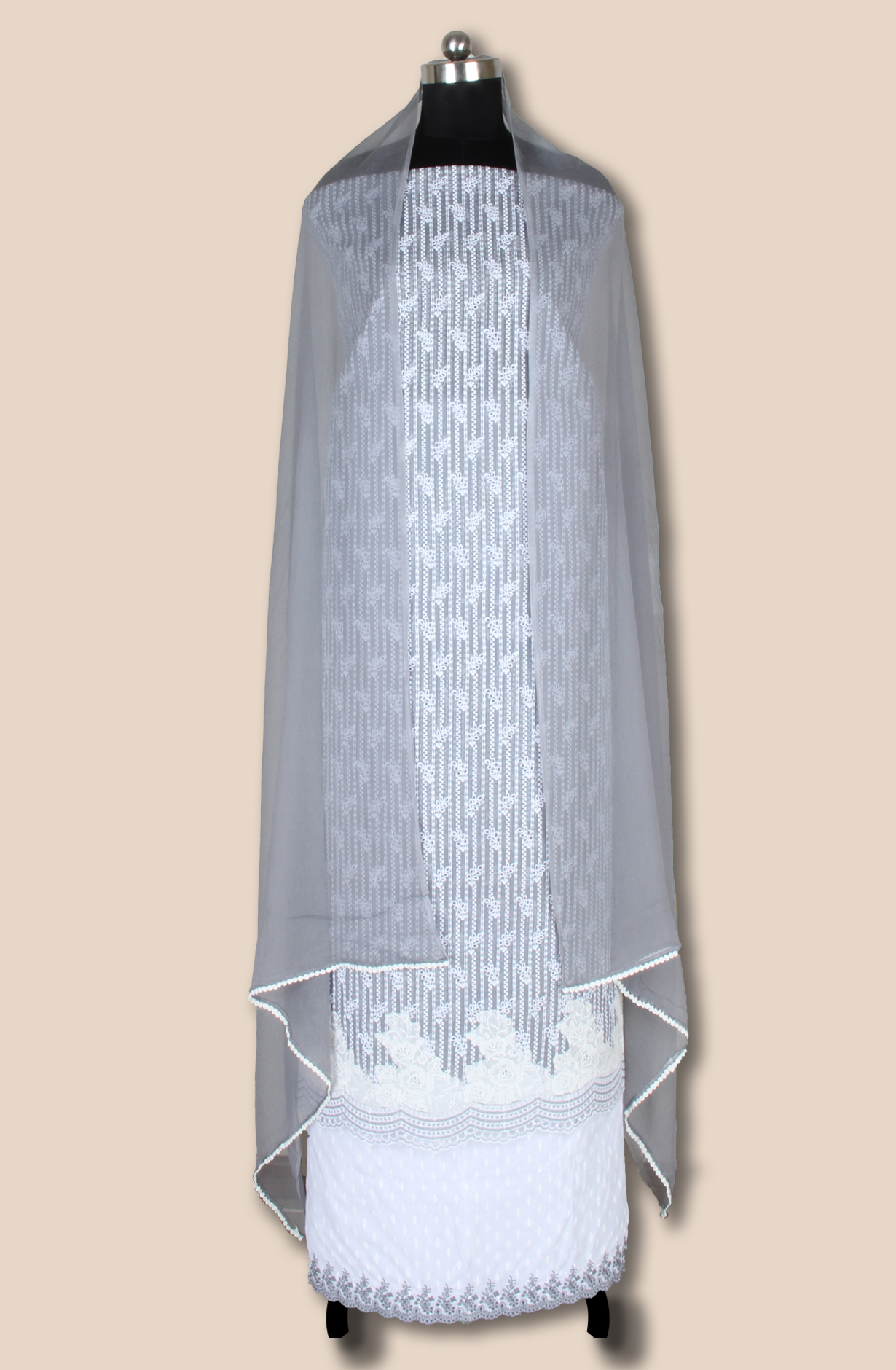 Grey Exclusive Kota Chikankari Embroidered Suit with Chiffon Dupatta - WOONS069B