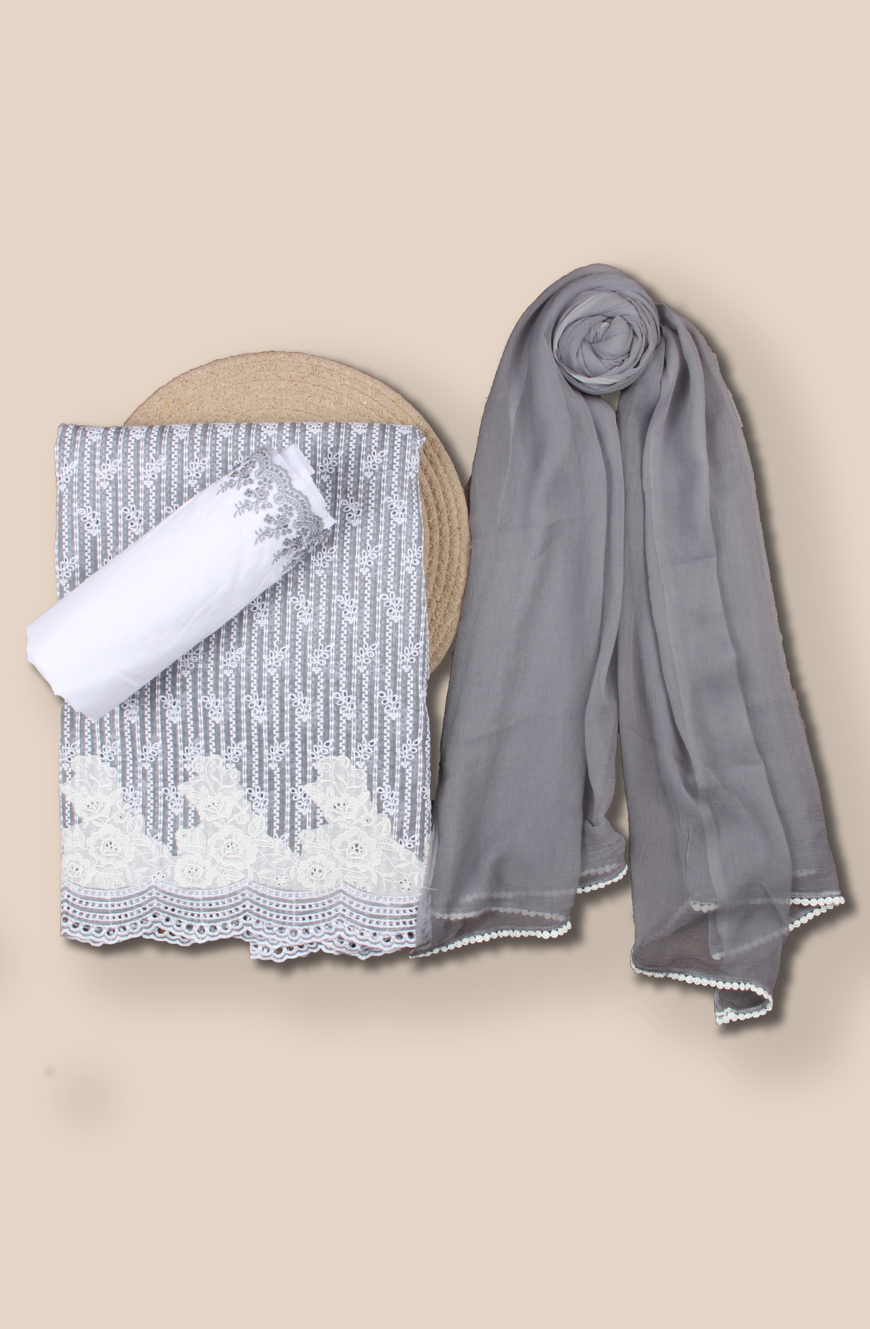 Grey Exclusive Kota Chikankari Embroidered Suit with Chiffon Dupatta - WOONS069B