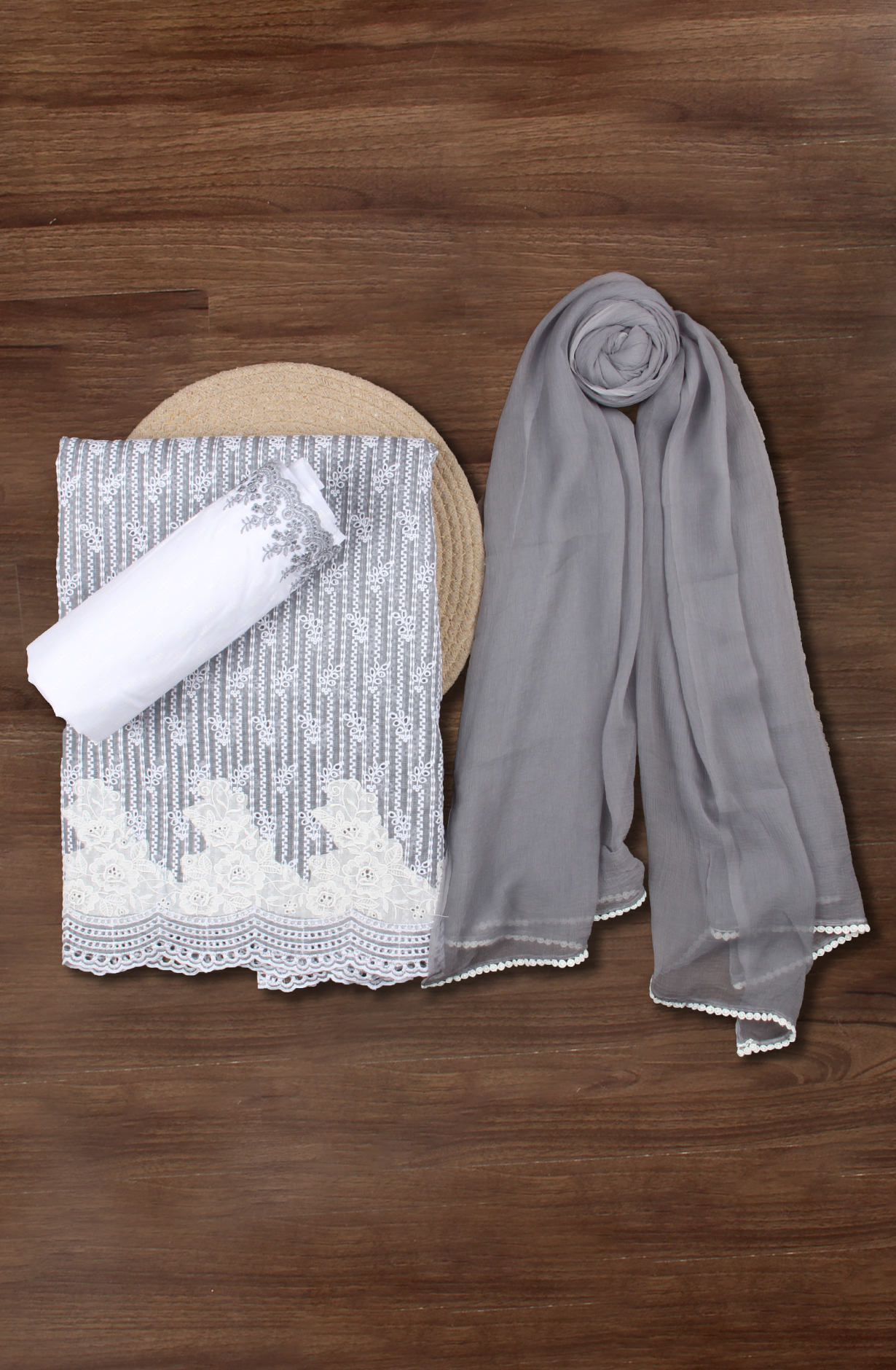 Grey Exclusive Kota Chikankari Embroidered Suit with Chiffon Dupatta - WOONS069B
