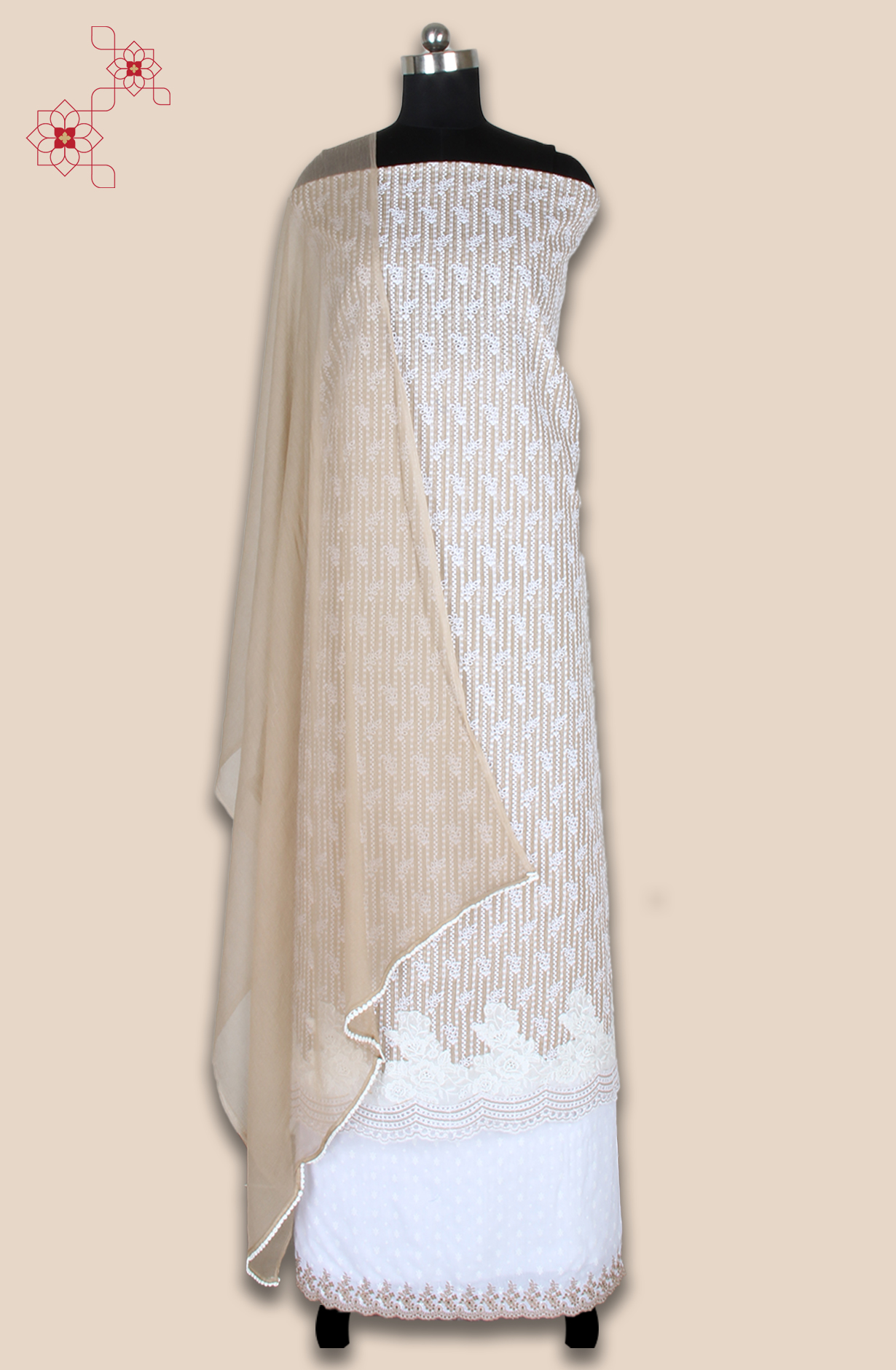 Beige Exclusive Kota Chikankari Embroidered Suit with Chiffon Dupatta - WOONS069C