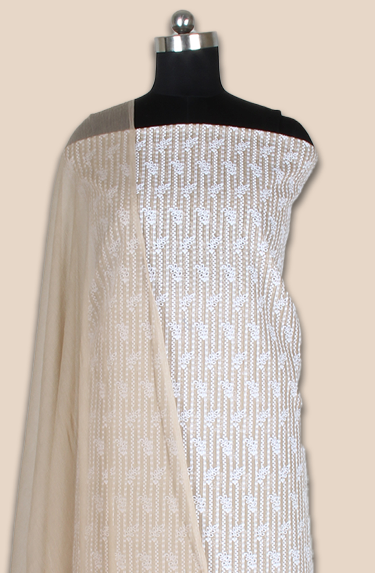 Beige Exclusive Kota Chikankari Embroidered Suit with Chiffon Dupatta - WOONS069C