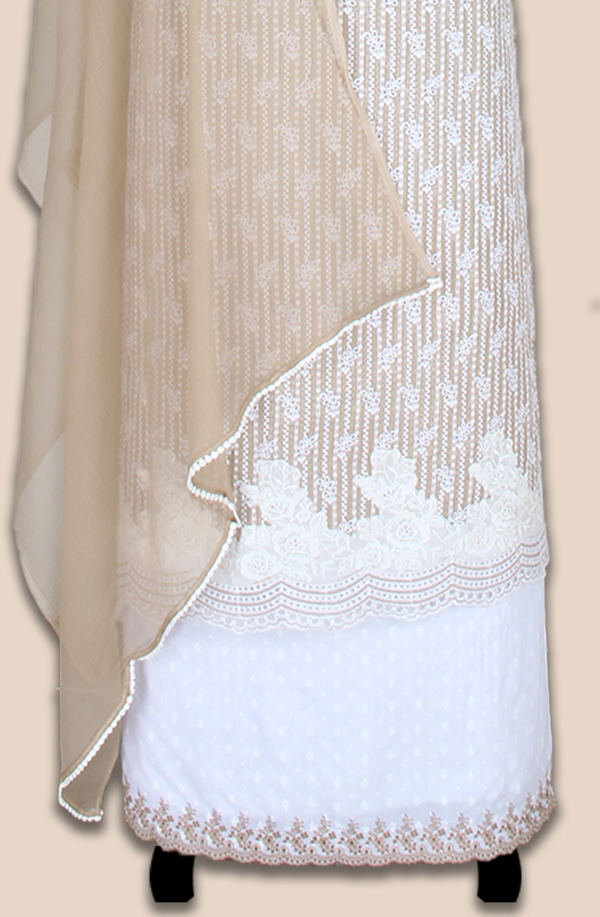 Beige Exclusive Kota Chikankari Embroidered Suit with Chiffon Dupatta - WOONS069C