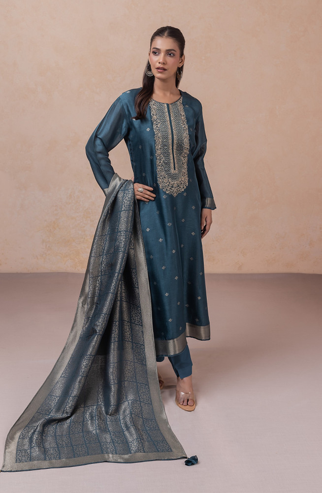 Image of Blue Silk jacquard Unstitched Suit Set with Beautiful Dupatta - R157-SPR2792A