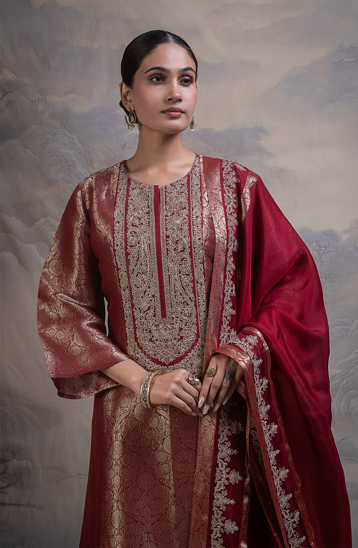 Maroon Ziraf Silk Jacquard Unstitched Suit with Beautiful Silk Dupatta- R157-SPR2794