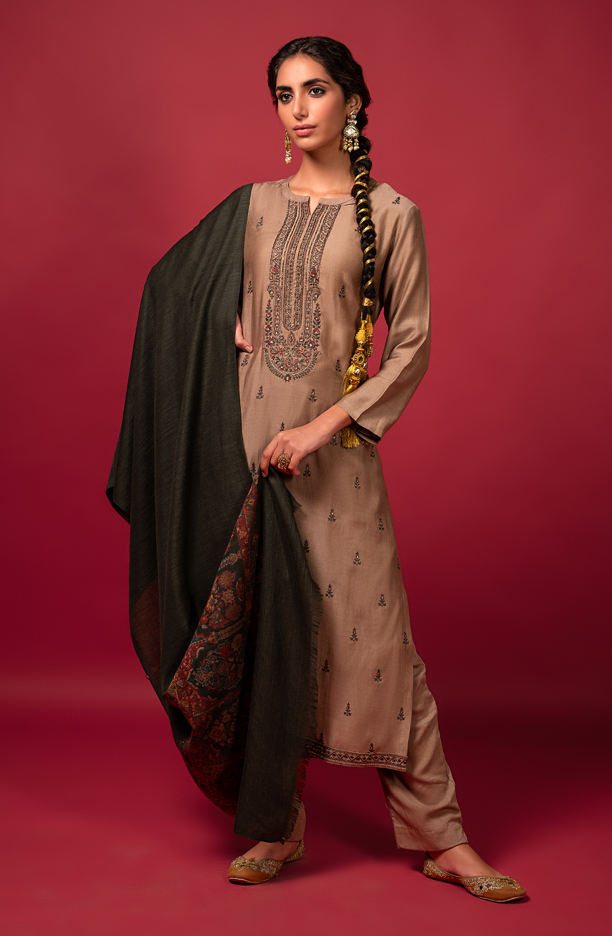 Beige Pure Pashmina Unstitched Salwar Suit with Dupatta - YAA1639A