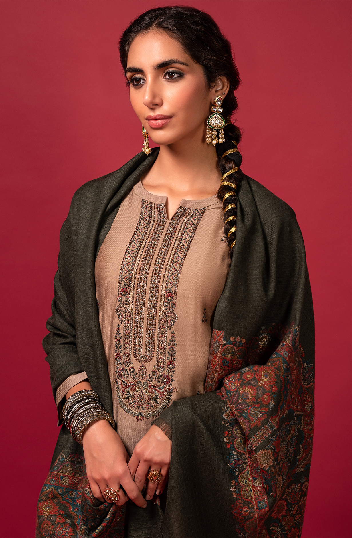 Beige Pure Pashmina Unstitched Salwar Suit with Dupatta - YAA1639A