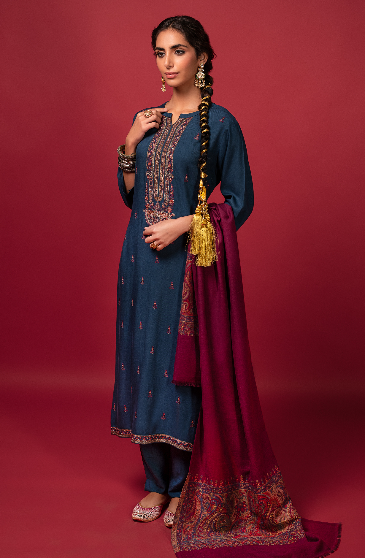 Teal Pure Pashmina Unstitched Salwar Suit with Black Dupatta - YAA1639B