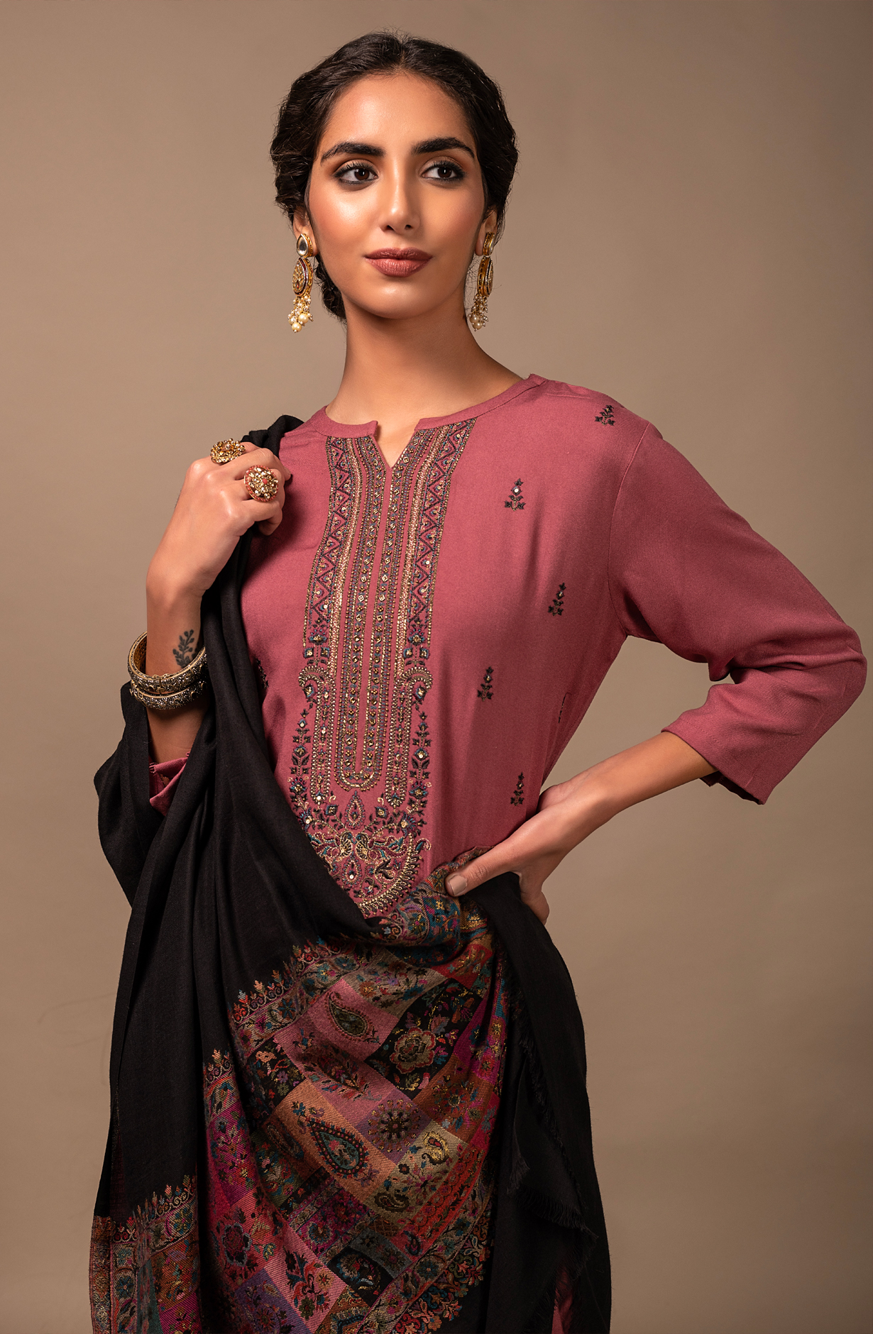 Teal Pure Pashmina Unstitched Salwar Suit with Black Dupatta - YAA1639B