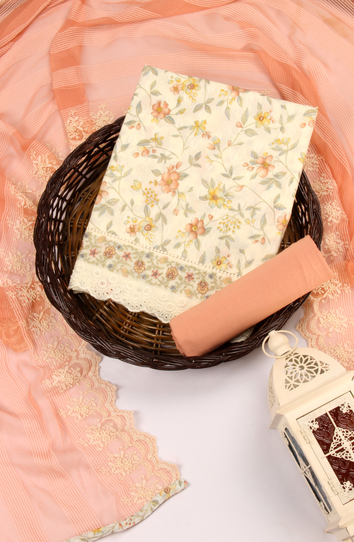 Cream Cotton Unstitched Salwar Suit with Chiffon Dupatta - YAN49