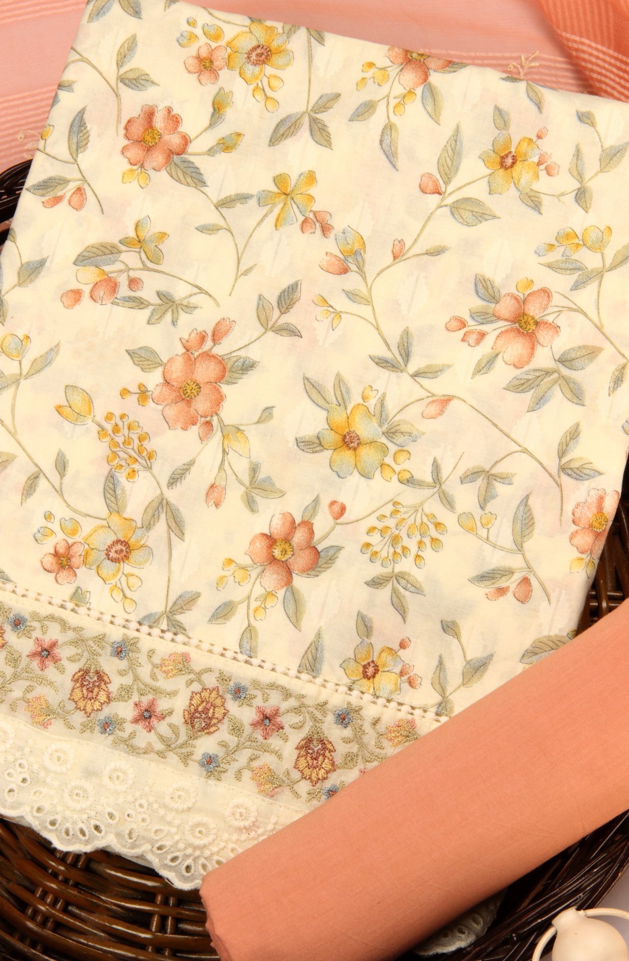 Cream Cotton Unstitched Salwar Suit with Chiffon Dupatta - YAN49