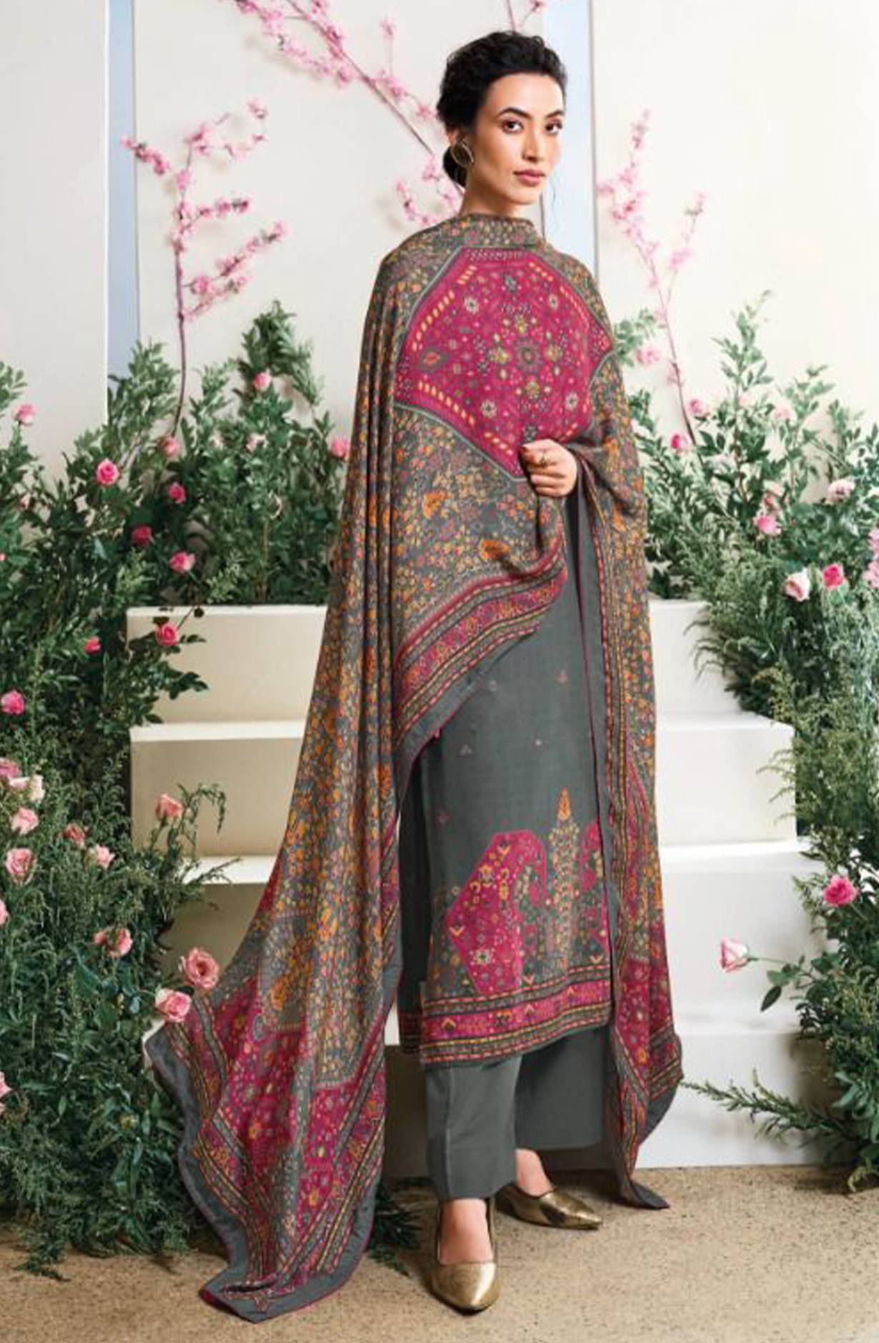 Grey Allover Printed Pashmina Suit Set - YASC2117
