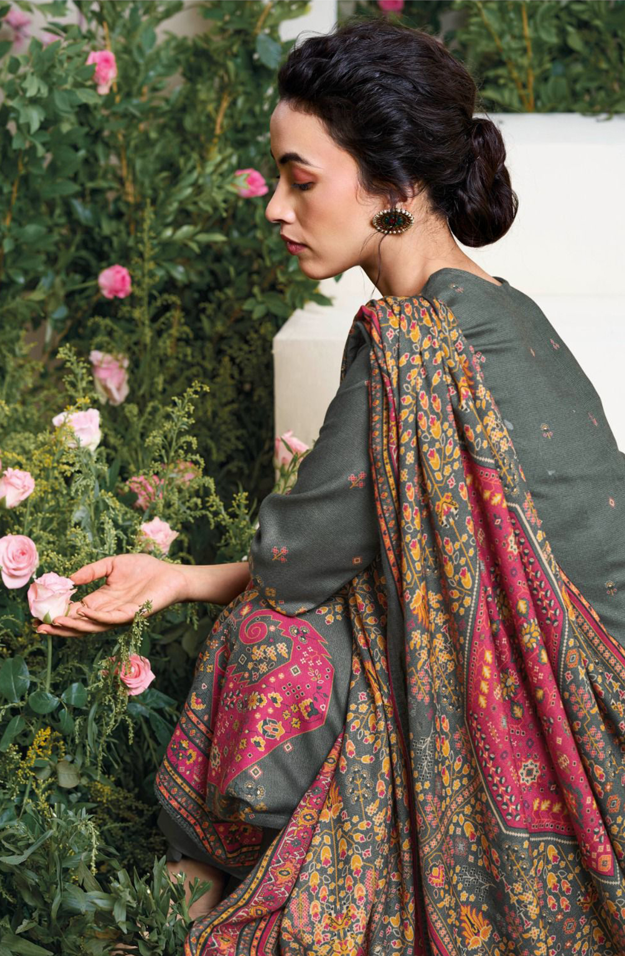 Grey Allover Printed Pashmina Suit Set - YASC2117