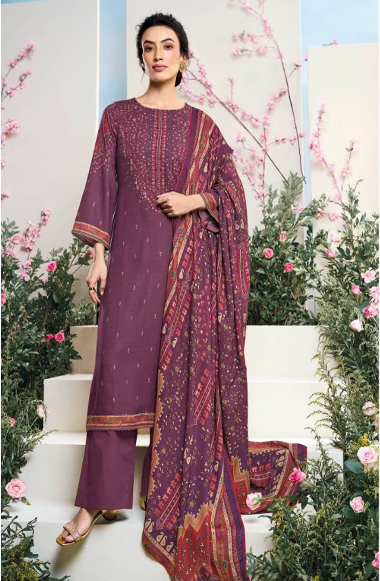 Wine Allover Printed Pashmina Suit Set - YASC2118