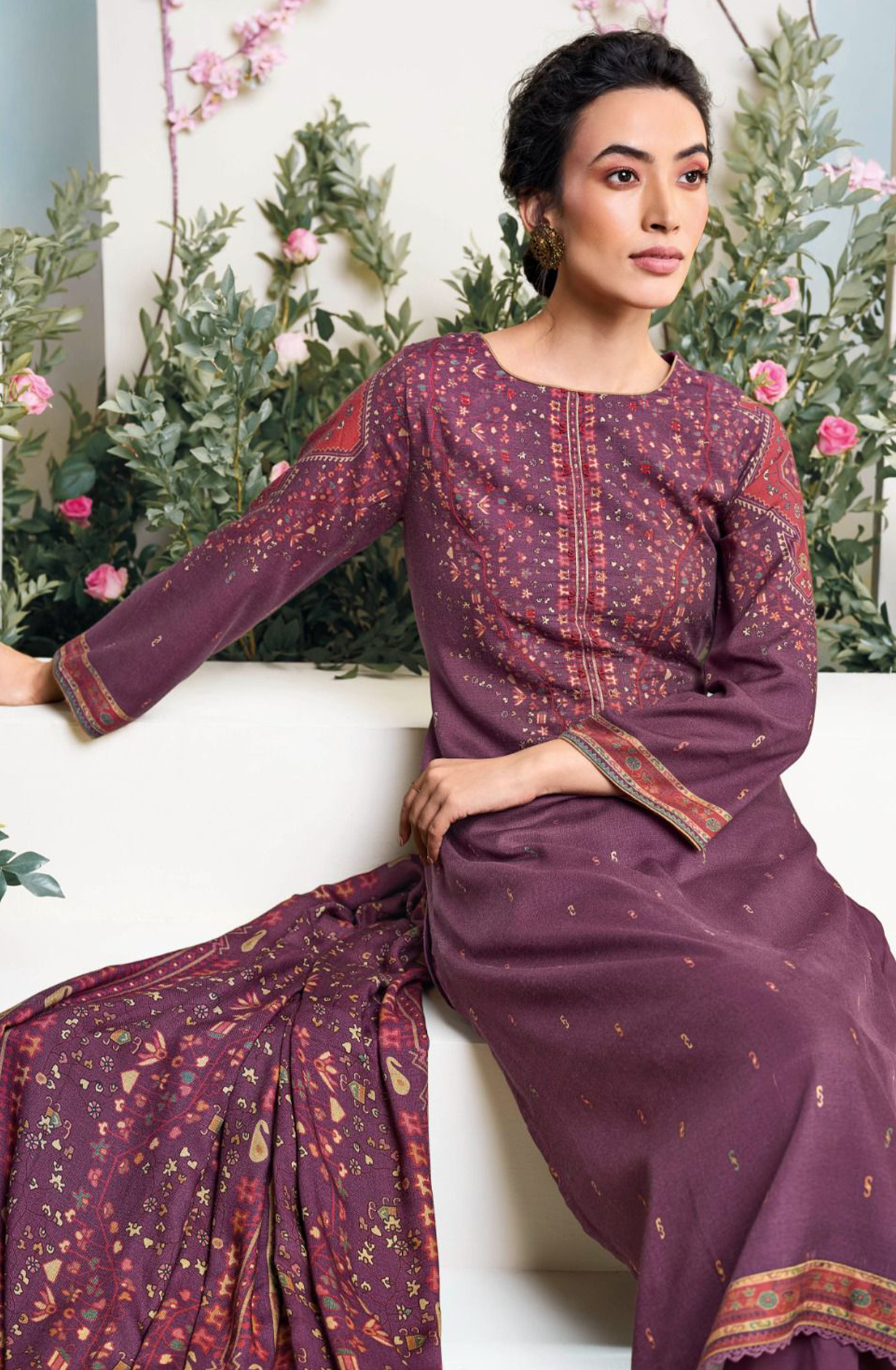 Wine Allover Printed Pashmina Suit Set - YASC2118
