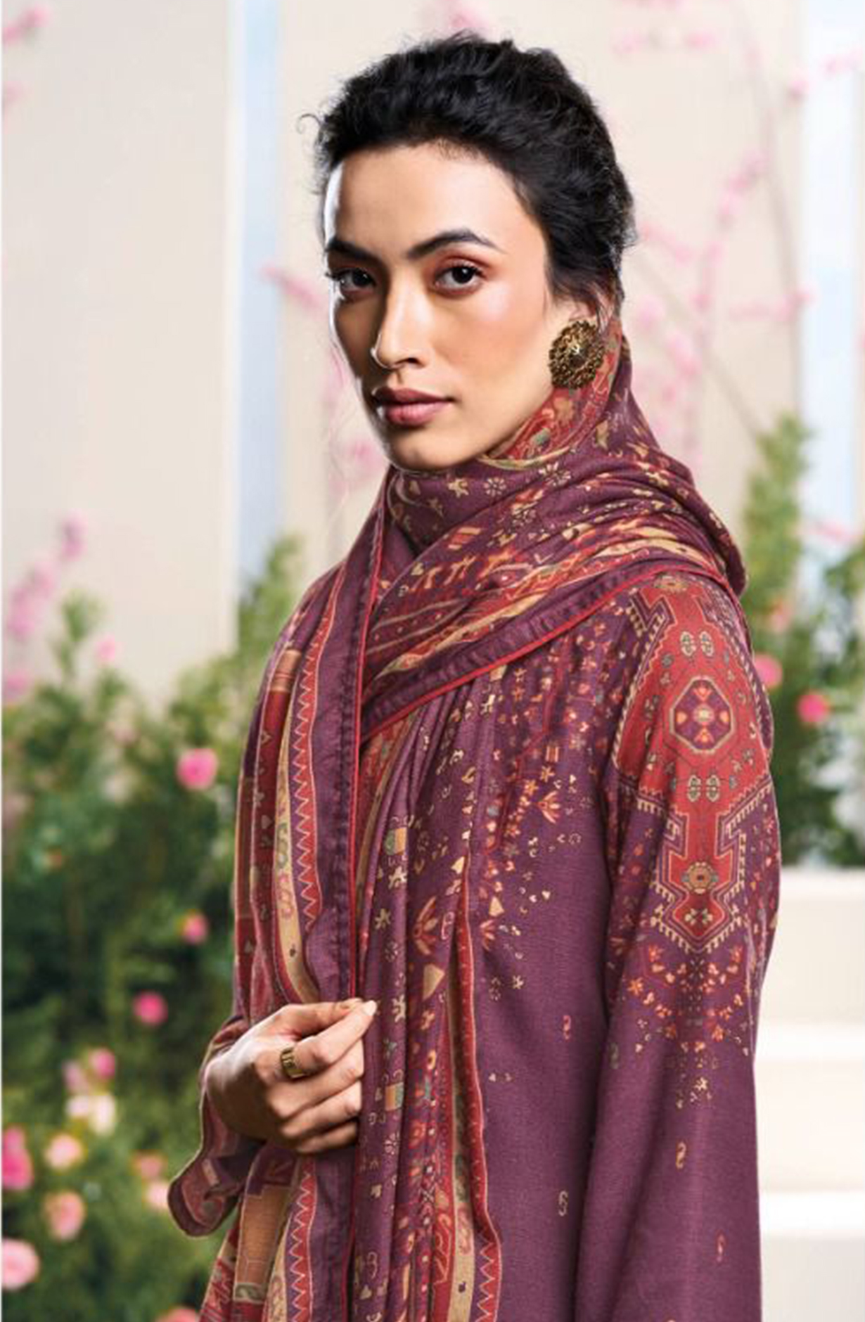 Wine Allover Printed Pashmina Suit Set - YASC2118