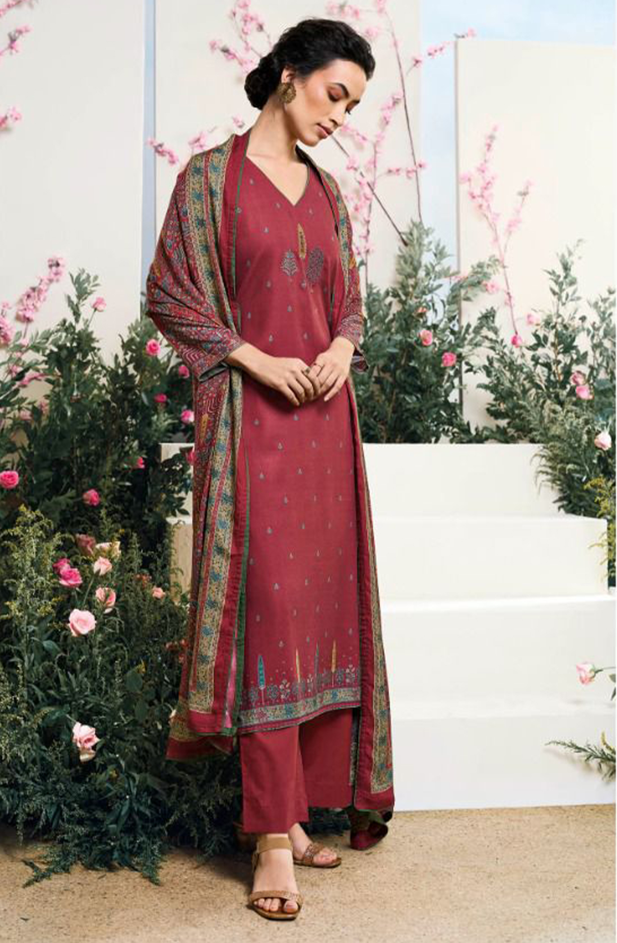 Red Allover Printed Pashmina Suit Set - YASC2119