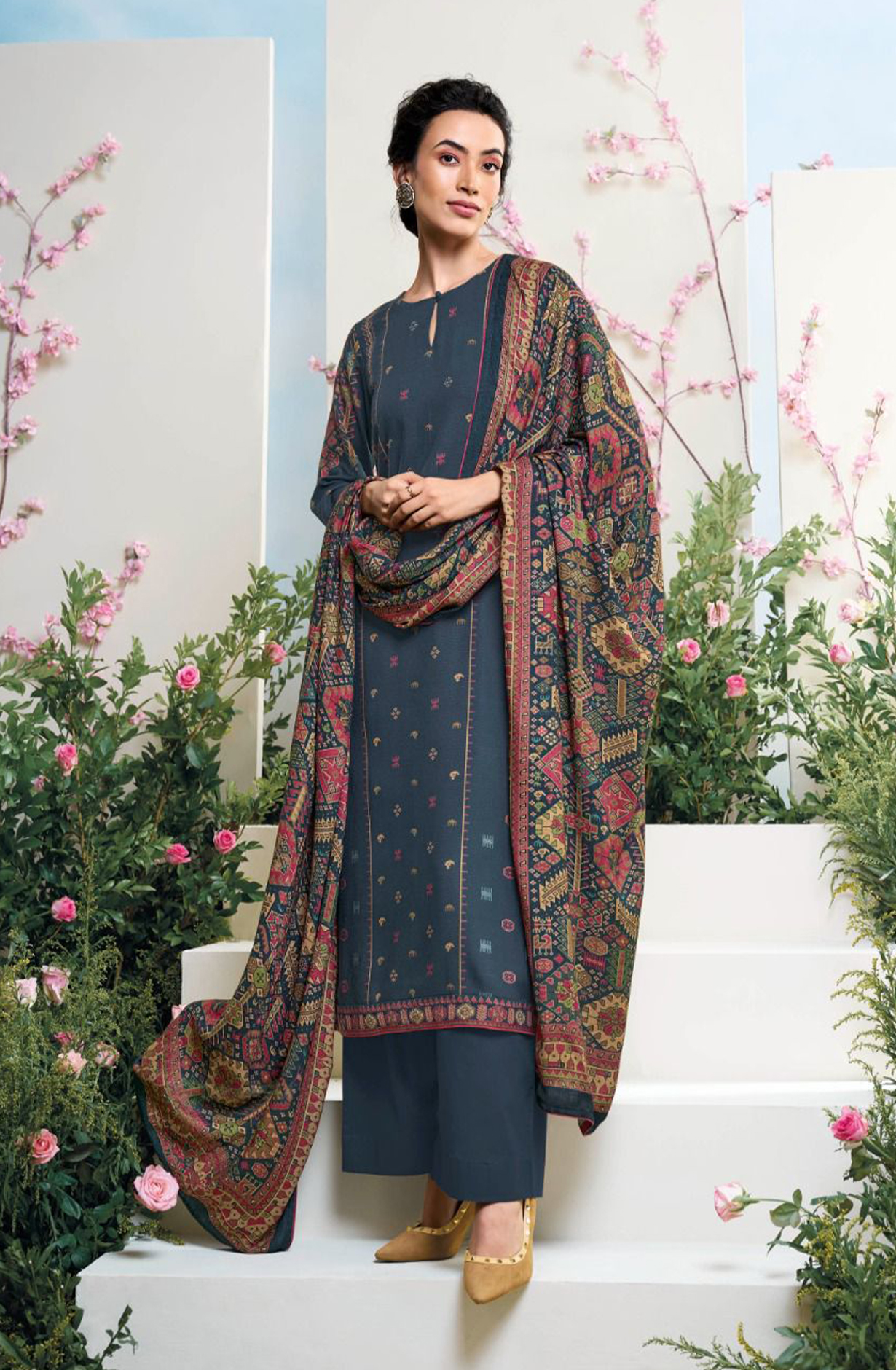 Blue Allover Printed Pashmina Suit Set - YASC2121