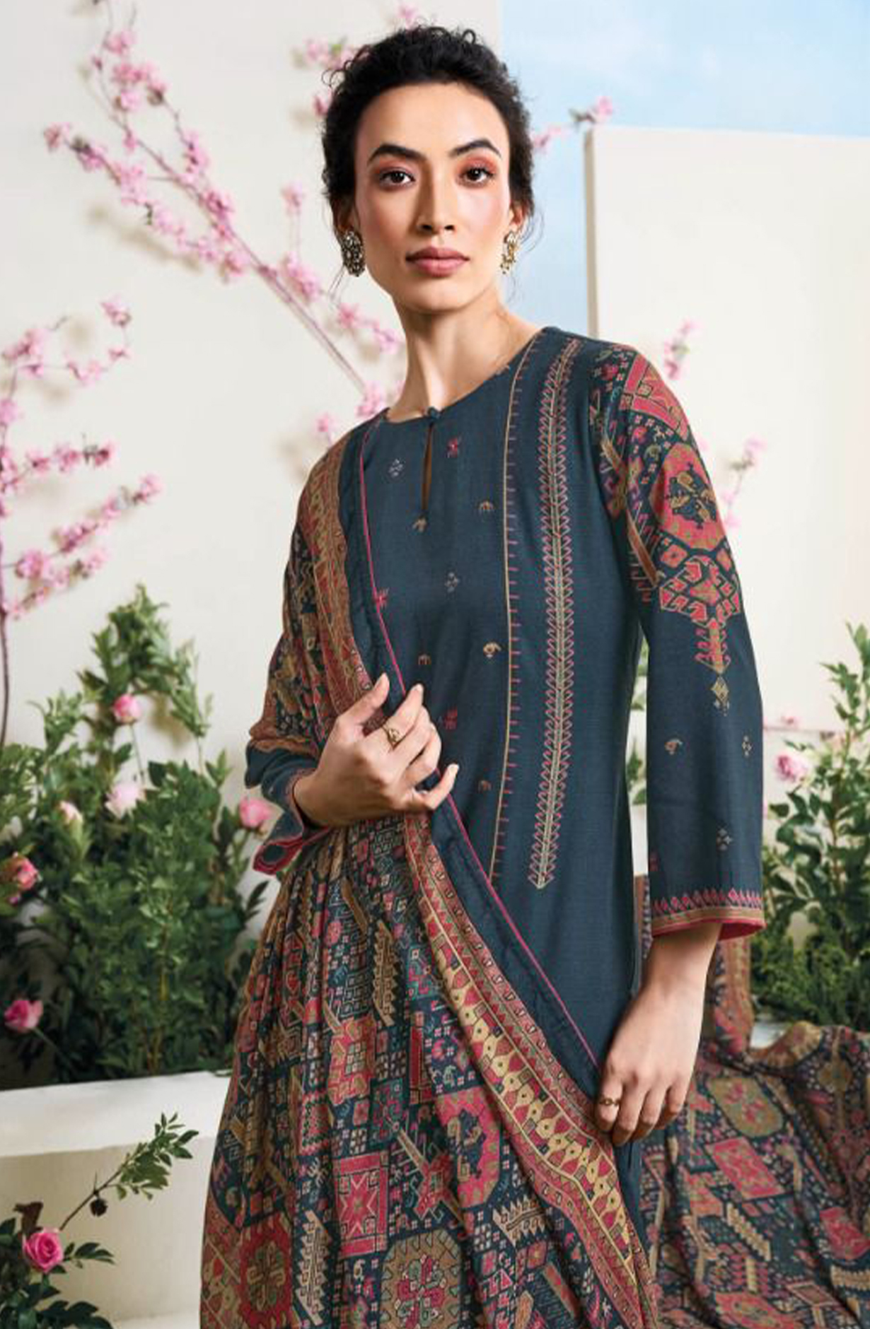 Blue Allover Printed Pashmina Suit Set - YASC2121